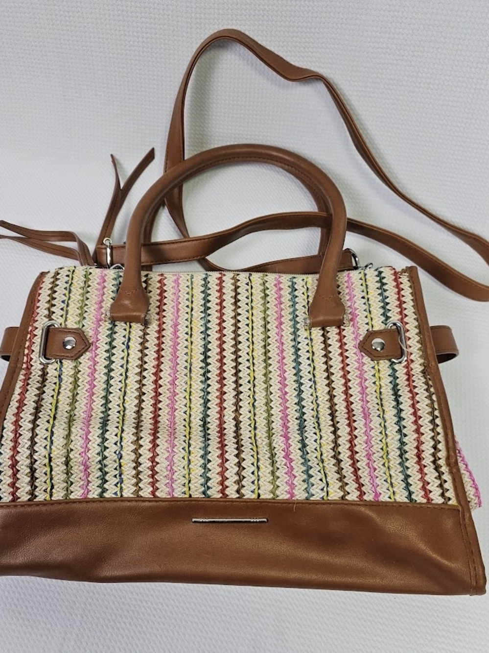 Woven Multicolor Straw Tote with Brown Trim